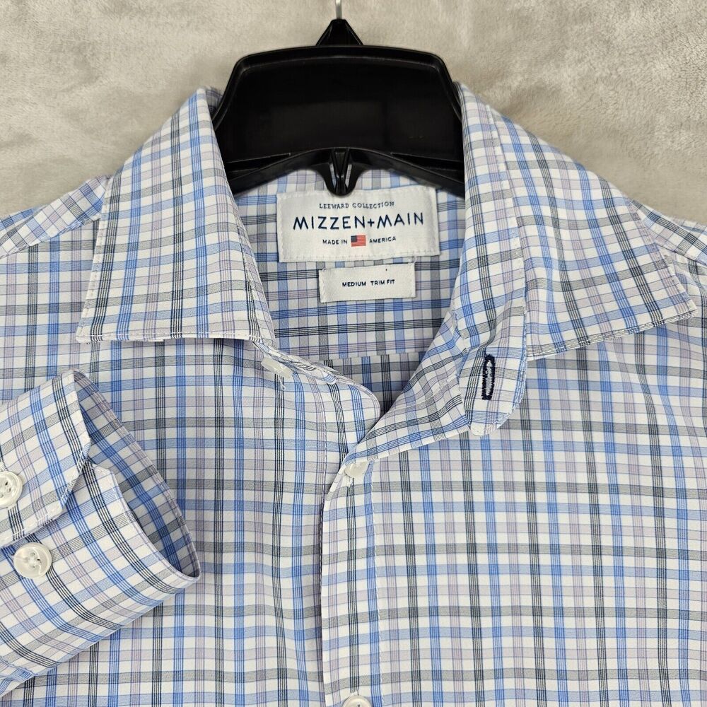 Mizzen Main Mens Medium Trim Leeward Performance Dress Shirt Blue Plaid USA MADE